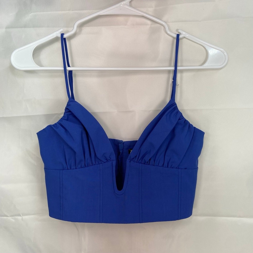 EUC ZARA women's purplish blue deep v-neck cropped corset tank crop top summer